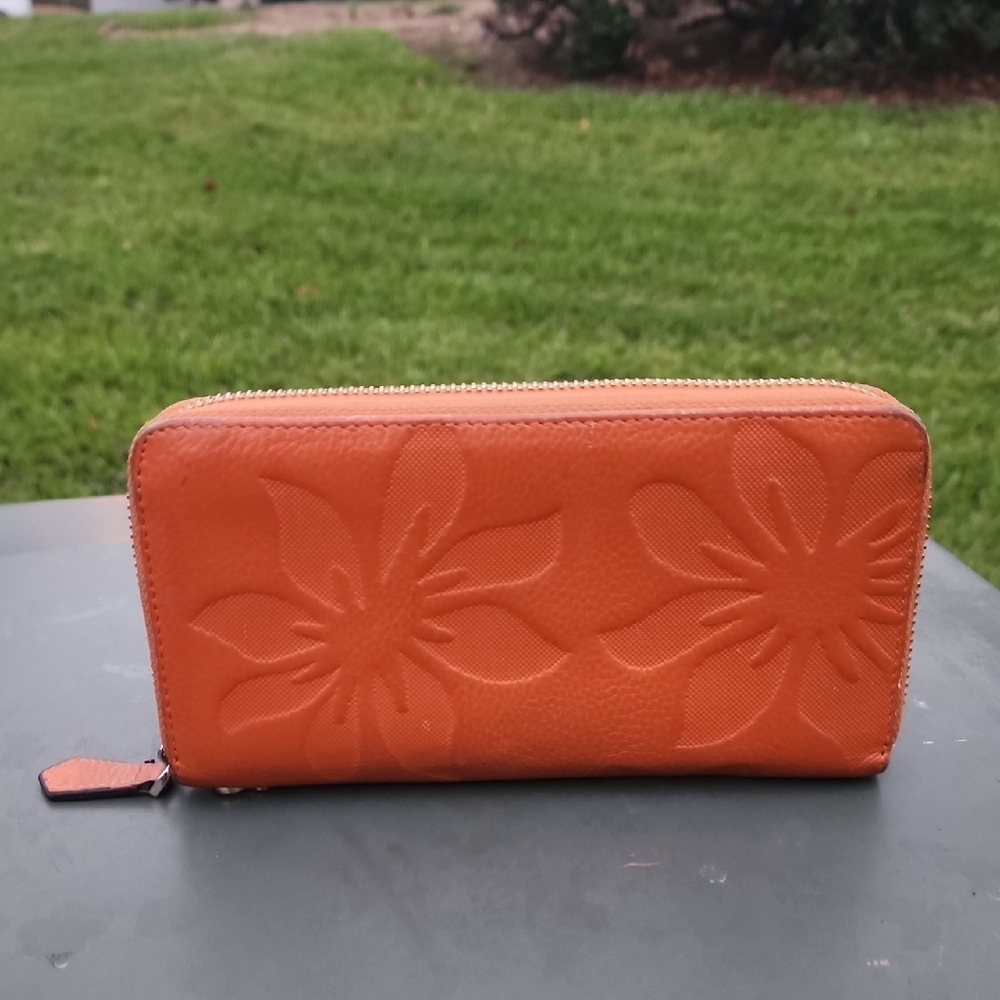 Bostanten Orange Leather Floral Embossed Wallet Wristlet